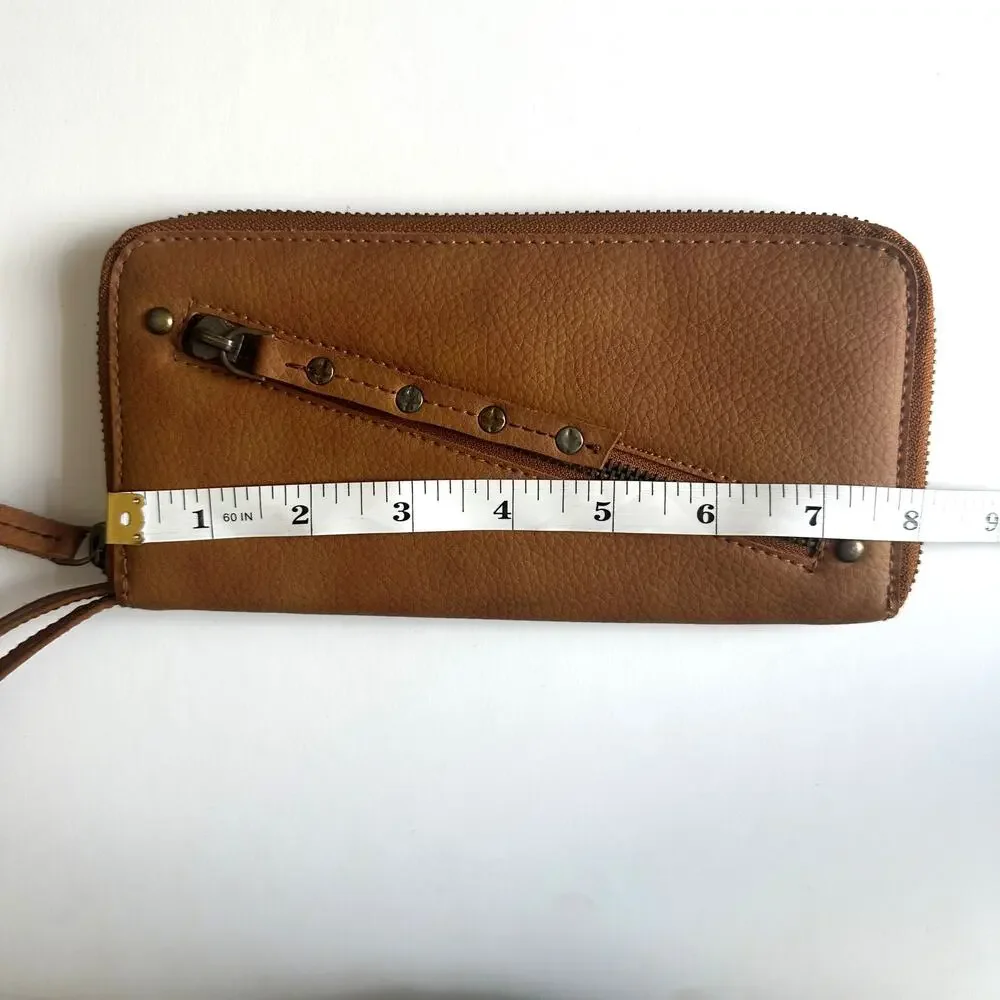 Free People Vegan Leather Wallet Wristlet Diagonal Zipper Cognac Brown Boho